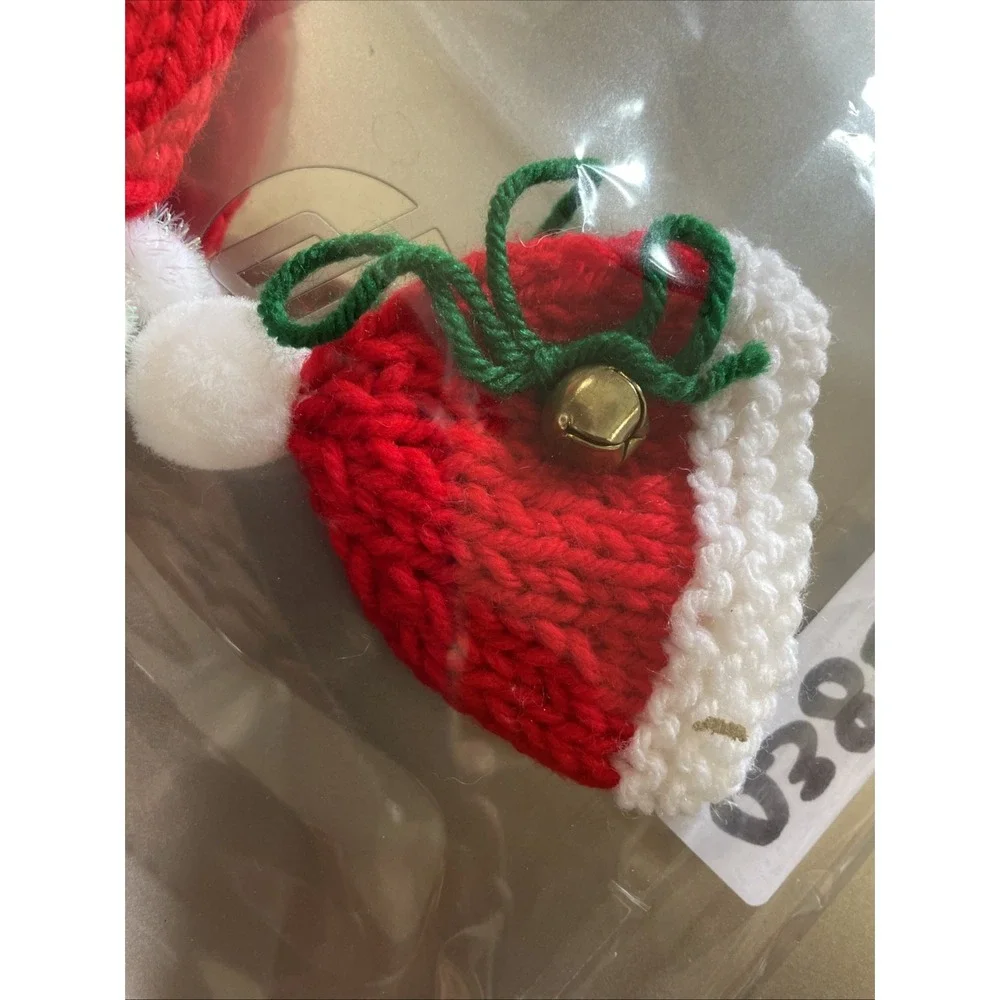 Vintage Knitted Pair Of Santa Stocking Hats Pom Pom Jingle Bell Ornament Decorat